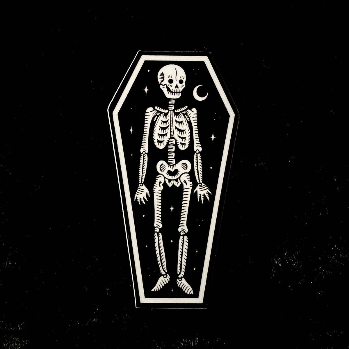 Skeleton in Coffin Sticker: Waterproof, Spooky Whimsical Art