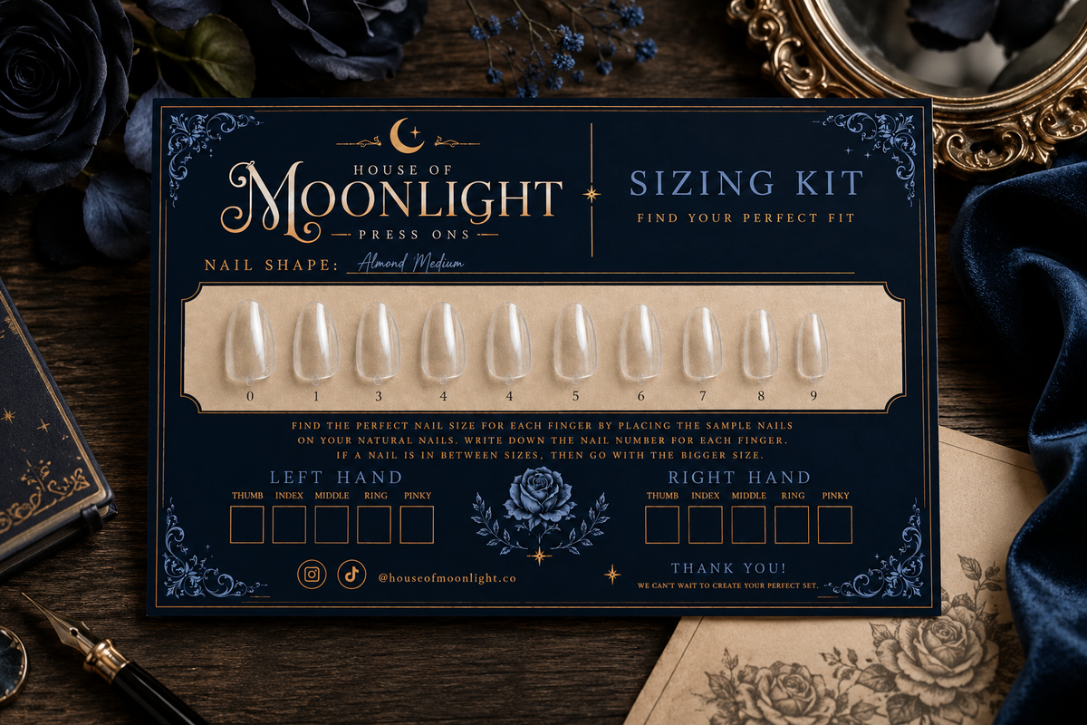 House of Moonlight press-on nail sizing kit with sample tips for finding the correct fit.