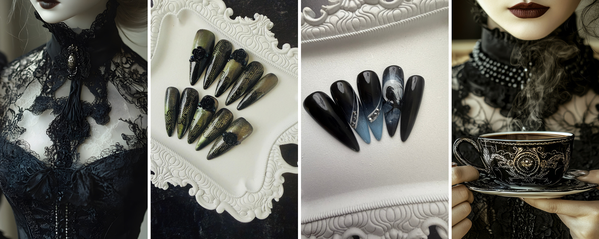 Gothic fashion, handcrafted press-on nails, and dark romantic imagery representing House of Moonlight.