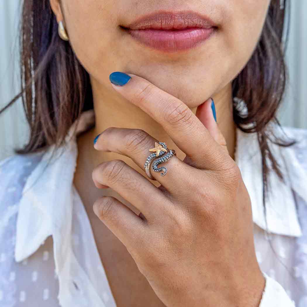 Sterling Silver Adjustable Octopus Ring with Bronze Starfish