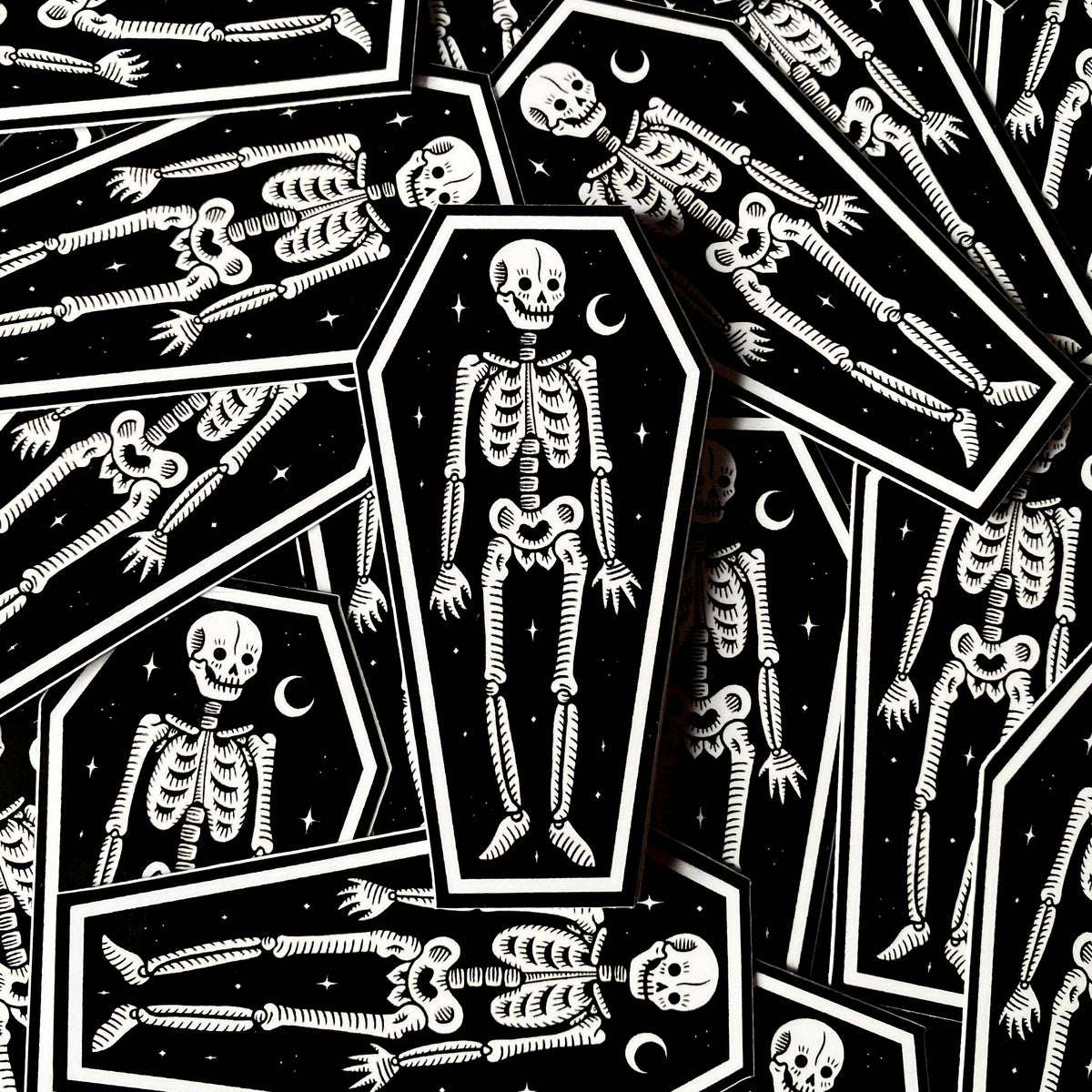Skeleton in Coffin Sticker: Waterproof, Spooky Whimsical Art